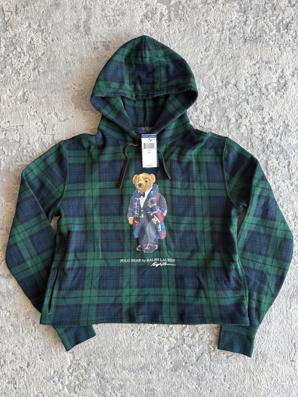 Ralph Lauren Green and Navy Tartan Bear Graphic Hoodie